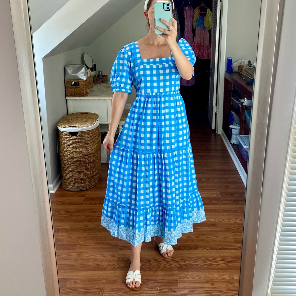 SOLD SZ Blockprints Tuckernuck Divya Cotton Midi Puff Sleeve Dress Gingham Blue - Picture 1 of 14